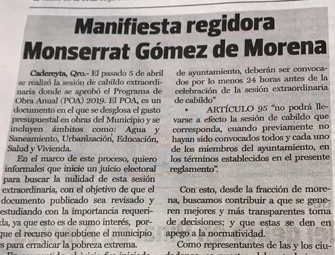 Monserrat Gómez: Regidora de Morena manifiesta acerca de obras en Cadereyta