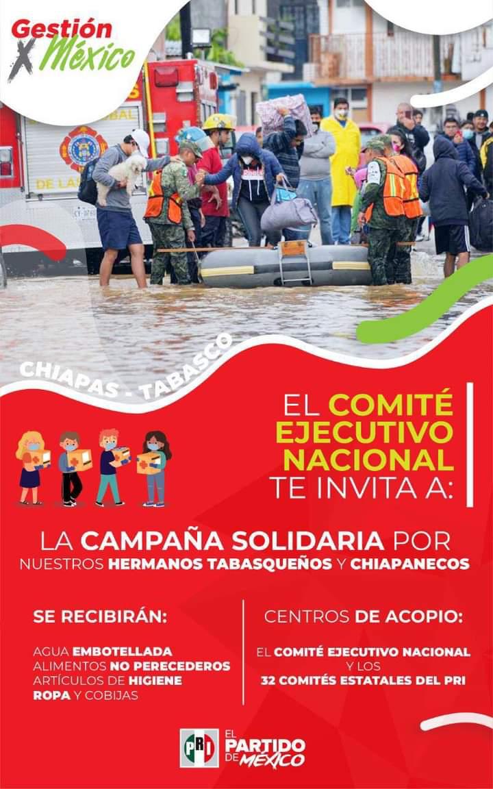 PRI Nacional: Y Comités Estales se convierten en centros  de acopio para ayudar a familias de Tabasco y Chiapas.