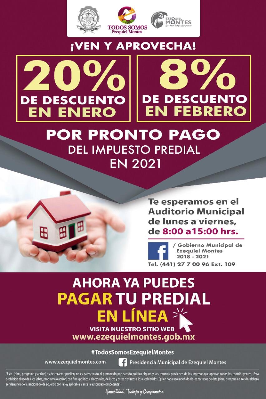 En Ezequiel Montes: Descuentos del 20% en enero y 8% en febrero en el pago del predial para 2021.